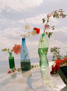 two vases with flowers in them sitting on top of a table next to each other