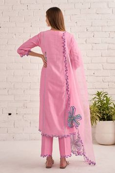 Pink kurta with floral, beads and sequins hand embroidery. Comes with pant and a dupatta. - Aza Fashions Spring Chanderi Salwar Kameez With Mirror Work, Spring Chanderi Anarkali Set With Mirror Work, Spring Chanderi Palazzo Set With Mirror Work, Festive Mulmul Palazzo Set With Floral Embroidery, Festive Floral Embroidered Mulmul Palazzo Set, Designer Cotton Palazzo Set With Dabka Work, Festive Cotton Palazzo Set With Mirror Work, Diwali Cotton Palazzo Set With Mirror Work, Spring Chanderi Dupatta With Mirror Work