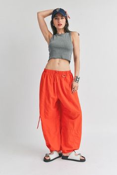 Cargo Parachute Pants Back Pockets Elastic Waistband Sporty High-waisted Parachute Pants With Loose Fit, Orange Athleisure Pants With Pockets, Spring Athleisure Orange Bottoms, Sporty Baggy Parachute Pants For Summer, Sporty Straight Cargo Pants For Summer, Sporty Trousers For Summer, Sporty Summer Trousers, Orange Stretch Bottoms For Streetwear, Sporty Summer Parachute Pants With Loosely Fitted Hips