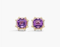 18K Yellow Gold Octagon Amethyst and Diamond Frame Earrings. This emerald cut sky blue topaz is set in 18K yellow gold and surrounded with a geometric halo of pave diamonds. A link design connects the setting to the smooth shank adding a unique and modern element to this classy cocktail ring. Frame Earrings, 3d Material, Diamond Frame, Types Of Gemstones, Amethyst Earrings, Amethyst Stone, Amethyst Gemstone, Diamond Earrings Studs, Purple Amethyst