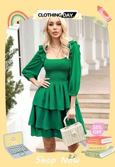 Smocked Square Neck Layered Dress Square Neck Smock Dress For Day Out, Smock Dress With Square Neck For Day Out, Square Neck Dresses With Smocked Cuffs For Day Out, Green Smocked Dress With Square Neck And Ruched Detail, Green Smocked Dress With Square Neck, Mini Smocked Dress With Cuffs For Day Out, Mini Smocked Dress With Smocked Cuffs For Day Out, Solid Color Smocked Bodice Dress With Square Neck, Solid Color Smocked Dress With Square Neck