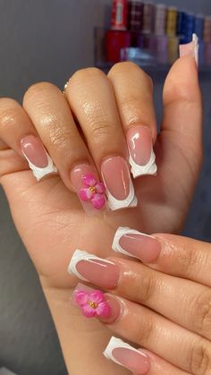 Frenchies, 3D flower 3D line work Almond Acrylic Nails 3d Flowers, Cute Nails With 3d Flowers, Neon 3d Flower Nails, Acrylic Nail 3d Flower, Nails Inspiration 3d Flowers, Birthday Nail Set Ideas Simple, Summer Gel Nails Square, 3d Flower Nails Simple, 3d Line Nails