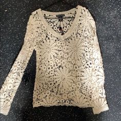 Large Ivory Lace Long Sleeve T-Shirt, Nwt Cream Crew Neck Top For Vacation, Neutral Long Sleeve Tops For Vacation, Long Sleeve Neutral Tops For Vacation, Beige Crew Neck Top For Vacation, Neutral Long Sleeve Beach Top, Floral Long Sleeve Shirt, Turtleneck Shirt, Lace Long Sleeve, Floral Print Shirt