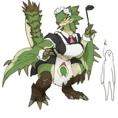 a drawing of a green and white dragon holding a golf club in one hand while standing next to a man