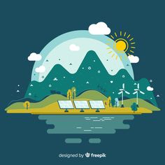 an illustration of solar panels in the water with mountains and clouds behind them, on a dark blue background