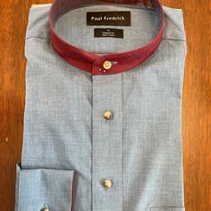 Men’s Casual/Dressy (High-Quality) Long-Sleeved Shirt, N/W/T Still Folded From Store. Upscale Quality, Denim-Color W Rust Banded Collar (Photo Looks Grey). Orig $95. (Lost Receipt For Size Exch.) Blue Semi-formal Tops For Fall, Banded Collar Shirts, French Cuff Shirts, Bird Shirt, Linen Men, Casual Dressy, Paisley Shirt, Purple Shorts, Denim Color