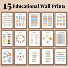 the 15 educational wall prints are displayed in different sizes and colors, with text overlaying them