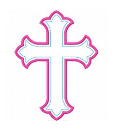 a pink and white cross with blue trim