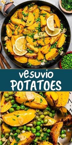 two pictures showing different types of potatoes and peas in a skillet with the words vesuvo potatoes above them