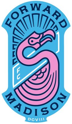 the logo for forward madison, which features a pink and blue bird on it