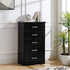 a small black chest of drawers next to a potted plant