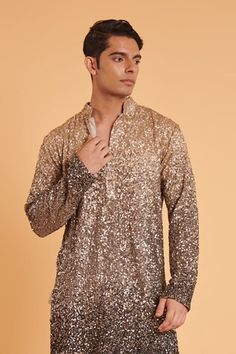 Grey and gold ombre sequin embellished kurta. Comes with plain churidar. - Aza Fashions Gold Ombre, Men Kurta, Churidar, Grey And Gold, Mandarin Collar, Aza Fashion, Sequin, Collar, Grey