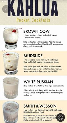 Pin by Genia Doyle on Recipes | Alcohol recipes, Drinks alcohol recipes, Alcohol drink recipes Drink Posters, Kahlua Drinks, Cocktails Poster, Pocket Cocktails, Pop Cocktails, Kahlua Recipes, Best Drink, Recipes Drinks