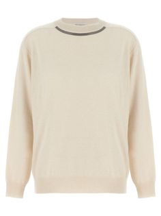 Cashmere crew neck sweater with 'Monile' detail, long cuffed sleevesGender: WomenMaterial: 100% CASHMEREColor: WHITEMade in: ITProduct ID: M12167900PC9597*Import tax/duty will be calculated at checkout (If applicable) Brunello Cucinelli Knitwear, Versace Shop, Cashmere Color, Bone White, Knitwear Tops, Knitted Jumper, Yoga Wear, Brunello Cucinelli, White Sweaters