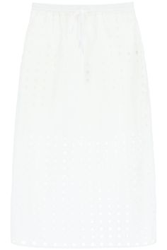 Straight-cut midi skirt by Ganni crafted in openwork cotton canvas with tonal embroideries. Provided with elasticated drawstring waistband and side inseam pockets. Partial lining. The model is 177 cm tall and wears a size FR 36. Size Info FR Color Detail White Made In China Material 100% CO Season One spring Season Two summer Product clothing Brand See By Chloe Size And Fit Spring Tiered Skirt With Broderie Anglaise, Chic Broderie Anglaise Skirt For Summer, Elegant Broderie Anglaise Summer Skirt, Summer Broderie Anglaise Skirt For Daywear, Spring Cotton Skirt With Broderie Anglaise, Chic Summer Skirt With Cutwork Hem, Womens Maxi Skirts, Cape Coat, Mid Length Skirts