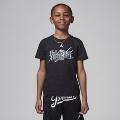 Your kid will leave an impression in this tee, made of soft cotton/poly jersey in a classic silhouette. It features a collage style graphic, with a tagless crewneck for a comfy feel. Collage Style, Team T Shirts, A Collage, Classic Silhouette, Black Fashion, Flight, Jordan, Crew Neck