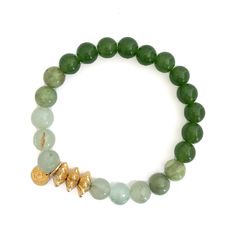 Various shades of green beads with gold dome accents Cheap Green Beaded Bracelets With Oval Beads, Gold Jade Beaded Bracelets For Spiritual Wear, Gold Jade Beaded Bracelets For Spiritual Purposes, Spiritual Gold Jade Beaded Bracelets, Gold Aventurine Beaded Jewelry, Handmade Green Aventurine Bracelets, Green Bohemian Stretch Bracelet With Faceted Beads, Green Bohemian Stretch Bracelet With 8mm Beads, Green Stretch Bracelet With Faceted Round Beads