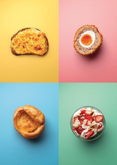 four different colored images with bread, eggs and other food items in them on the same color background