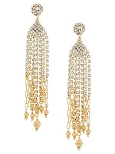 Gold plated earrings, composed of strass and embellished with golden beads.Length: 10 cm - Width: 2 cm Gold Crystal Single Earring, Glamorous Gold-tone Gold-plated Earrings, Glamorous Gold-tone Gold Plated Earrings, Glamorous Gold Plated Dangle Chandelier Earrings, Glamorous Gold-plated Bridal Earrings, Gold Metal Chandelier Earrings For Evening, Gold Embellished Beaded Earrings For Party, Glamorous Gold Linear Earrings, Gold Metal Earrings With Sparkling Stones