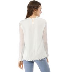 The floral lace makes this gauzy top a romantic night-out option. Floral embroidery embellishes the lace of a romantic blouse with a ruffled neck trim. Turn on the charm in this lacy blouse cut with a keyhole back and delicate frilled cuffs. Timeless charm evokes itself in this homespun blouse that's decorated with lace. Lace sleeves add texture and movement to a top that exemplifies vintage refinement. Made of airy eyelet lace, this swingy top nails that whole peasant thing with a pretty shirri Casual Chiffon Blouse, Casual Blouses, Evening Dinner, Romantic Blouses, Lace Sleeve Top, Mesh Long Sleeve Top, Romantic Night, Elegant Blouses, Scalloped Trim