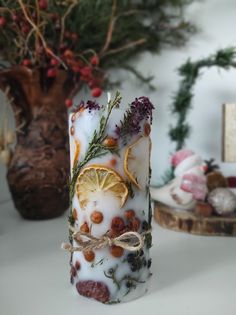 a candle that has been decorated with dried herbs and lemon slices on it, sitting next to a potted plant