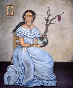 a painting of a woman sitting in a chair holding a potted plant and wearing a blue dress