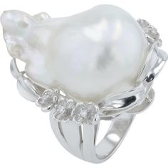 Platinum Baroque Pearl and Diamond Flower Cocktail Ring - 0.06 Carat Total Diamond Weight Luxury Brilliant Cut Pearl Ring In Sterling Silver, Luxury Platinum Pearl Ring, Pearl Cocktail Ring, Iridescent White, Diamond Flower, The Pearl, Baroque Pearls, Natural Pearls, Cocktail Ring