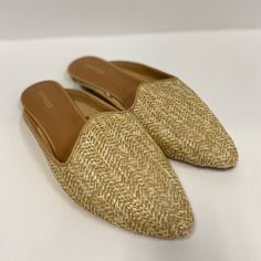 Express Tan Mules, Never Worn. Small Puncture Marks On Left Heel Chic Gold Flats For Summer, Gold Pointed Toe Flats For Summer, Trendy Gold Flats For Spring, Casual Gold Synthetic Flats, Casual Pointed Toe Beach Flats, Gold Synthetic Flats For Spring, Spring Gold Synthetic Flats, Tan Mules, Mule Clogs