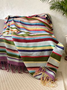 a multicolored striped blanket sitting on top of a white rug next to a potted plant