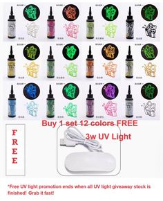 various colors and sizes of tattoo inks for sale on a white background with the words free