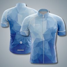 the front and back of a men's cycling jersey, designed with blue triangles