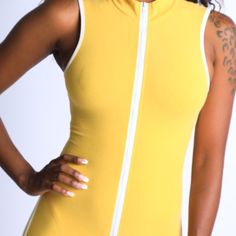 Side Binding Zip-Up Jumpsuit Egg Yellow Spring Sleeveless Unitard, Sleeveless Stretch Unitard For Spring, Sleeveless Stretch Unitard For Summer, Spring Sleeveless Stretch Unitard, Fitted Sleeveless Unitard For Spring, Fitted Sleeveless Spring Unitard, Casual Fitted Unitard For Summer, Fitted Casual Unitard For Summer, Sporty Fitted Summer Unitard