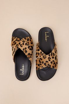 The Lulus Mirah Leopard Faux Fur Flatform Slide Sandals are simply a wardrobe must-have for last minute OOTDs! These stylish sandals feature an almond-shaped footbed and wide, faux fur leopard print straps that create a crisscrossing vamp. Comfy, contoured insole tops a flatform silhouette with a slide-on design for effortless styling. Available in whole sizes only. 1" flatform rubber sole. Smooth insole. Rubber sole has nonskid markings. Man made materials. Imported. Lulus | Mirah Leopard Faux Trendy Leopard Print Sandals With Round Toe, Trendy Leopard Print Round Toe Sandals, Leopard Print Open Toe Sandals For Vacation, Spring Leopard Print Synthetic Sandals, Leopard Print Sandals With Buckle Closure, Chic Leopard Print Open Toe Sandals, Summer Calf Hair Sandals, Leopard Print Leather Sandals With Round Toe, Leopard Print Shoes