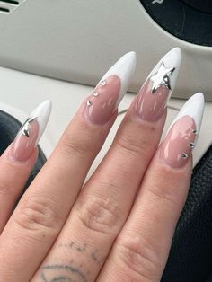 White French Tips Designs, White Tip With Chrome, White Chrome Nails With Rhinestones, White French With Design, White Almond French Tip Nails, Nail Ideas Stars, White French Nails Design, White French Tip Designs, White French Nails Ideas