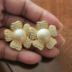 Vintage Joan Rivers Signed Pearl Cabochon And Pave Crystal Clip Earrings Wedding Bride Women's Estate High End Costume Jewelry Earrings Joan Rivers Jewelry, Gold River, Costume Jewelry Earrings, Joan Rivers, Earrings Wedding, Clip Earrings, Wedding Bride, Wedding Colors, Costume Jewelry