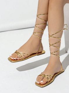 Gold Glamorous Collar   Plain  Embellished   Women Shoes Roman Sandals Women, Greek Goddess Shoes, Goddess Shoes, Shine Costume, Goddess Sandals, Wrap Around Heels, Golden Sandals, Tie Up Sandals, Gladiator Shoes