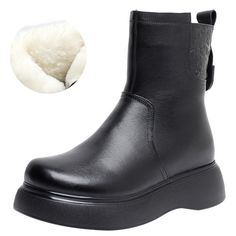 Casual Shoes - Stay Stylish and Warm this Winter with Women's Snow Boots! Stay warm this winter with these stylish Women's Snow Boots! Crafted with 100% genuine leather and natural wool fur, these mid-calf boots are perfect for any winter look. With a round toe, retro styling, and a 3-5cm platform height, these boots will keep you fashionable and comfortable all season long. The TPU outsole ensures superior traction and durability, while the plush insole and wedge heel provide extra cushioning f Stylish Snow Boots, Women's Casual Shoes, Black Boots Women, Snow Boots Women, Round Toe Heels, Mid Calf Boots, Casual Shoes Women, Women's Casual, Leather Ankle Boots