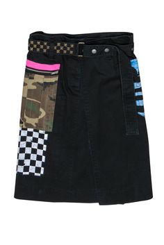 Current Boutique-Marc Jacobs - Black Patchwork Belted Faux Wrap Midi Skirt Sz 8 Black Streetwear Skirt For Fall, Black Skirt For Fall Streetwear, Trendy Black Streetwear Skirt, Trendy Black Skirt For Streetwear, Trendy Black Skirt With Patchwork, Black Grunge Skirt For Streetwear, Black Mini Cargo Skirt For Streetwear, Edgy Streetwear Skirt For Spring, Punk Style Cotton Skirt For Streetwear