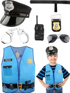 PRICES MAY VARY. Size Details: Kids police costume is one size fits most children aged 3-7. The police props are designed according to children's ergonomics, suitable for children to grasp. If your kid dreams of being a policeman, he'll love it Quality Material: The kids police cosplay costume is made of quality fabric, which is skin-friendly and comfortable; the hat is made of polyester fabric and shiny PU leather, the plastic lining baffle keeps the hat in good shape, durable and not easy to d Kids Police Costume, Police Dress, Police Cosplay, Policeman Costume, Police Vest, Dress Up For Boys, Career Costumes, Toddler Fancy Dress, Kids Police