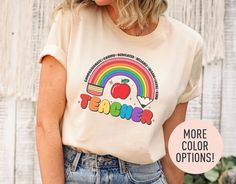 This Teacher Rainbow Pencil shirt is the perfect birthday gift, teacher's day gift, or back-to-school gift for all teachers! All of our shirts are made with the highest quality materials and are super soft and cozy! 💚 HOW TO ORDER 💚 1. Check our photos for sizing and color options. 📏 2. Choose your quantity.  Feel free to add as many shirts as you wish! ✨ 3. Select your size and color from the drop-down menus. ✨ 4. Click "ADD TO CART" to add the shirt to your virtual cart. 🛒 5. Click "PROCEED TO CHECKOUT" to purchase your shirt. 🛒 6. Your shirt is now off to production!  We will process your order and your shirt will be ready for shipment in 1-4 days! 🎁 📏 SHIRT SIZING All of our shirts come in a variety of colors and many different sizes! ✨ SHIRT INFORMATION + MATERIAL Our unisex t Rainbow Pencil, Teacher Rainbow, Teachers Day Gifts, School Gift, Back To School Gifts, School Shirts, Teacher Life, Best Teacher, Perfect Birthday