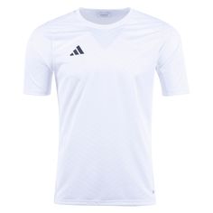 a white adidas shirt with black stripes on the chest