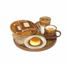 a wooden tray topped with waffles, syrup and two cups of coffee next to each other