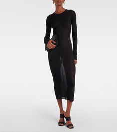 Knitted midi dress in black - Rick Owens | Mytheresa Sheer Midi Length Silk Dress, Sheer Silk Midi Dress, Sleek Knee-length Maxi Dress For Spring, Sleek Long Sleeve Silk Midi Dress, Chic Long Sheer Dress, Silk Long Sleeve Midi Dress For Summer, Sheer Midi Dress For Daywear, Sheer Long Daywear Dresses, Black Sheer Silk Maxi Dress