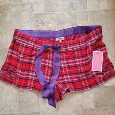 Juicy Couture Lipstick Red Plaid Pj Shorts Size Medium 16 1/2 Inches 9 Inches 12 1/2 Inches Red Stretch Sleepwear For Pajama Party, Red Sleepwear For Overnight, Red Short Sleepwear For Bedtime, Fitted Short Sleepwear For Pajama Party, Red Pajama Shorts For Bedtime, Red Short Sleepwear For Pajama Party, Fitted Pajama Shorts For Bedtime, Red Stretch Pajama Shorts For Loungewear, Red Cotton Pajama Shorts For Sleepover