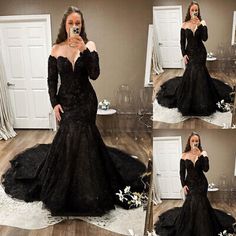 the woman is taking a selfie in her black wedding dress and posing for pictures