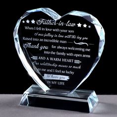 PRICES MAY VARY. ⭐Unique Meaning - Engraved in the glass keepsake are words expressing gratitude to father in law. A beautiful and great gift to let he know you're so thankful to join the big family, our relationship means so much to me, and I feel so lucky to have you in my life. ⭐Being My Father in Law is the Only Gift - Perfect meaningful keepsake represents an unbreakable bond between father in law and daughter in law. prefect father in law present for any occasion - Birthday, Thanksgiving D Gifts For Father In Law, Birthday Heart, Father Birthday Gifts, Father In Law Gifts, Relationship Meaning, Unique Meaning, Keepsake Gifts, Birthday Keepsakes, Engraved Crystal