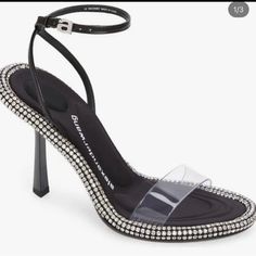 Brand New Alexander Wang Nina Crystal Clear Strap Sandal Size 8 Glamorous Black Sandals With Single Toe Strap, Alexander Wang Heels, Wang Heels, Strap Sandals Heels, Alexander Wang Shoes, Lucite Heels, Flat Gladiator Sandals, Womens Black Flats, Block Sandals