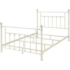 a white metal bed frame with four posts and headboard support bars on each side