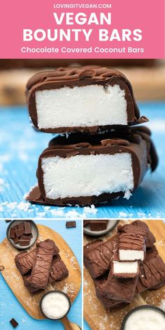 vegan chocolate covered coconut bars are stacked on top of each other and ready to be eaten