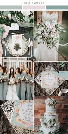 a collage of photos with flowers and greenery on them, including the bride's wedding cake